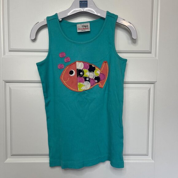 Hanna Andersson Fish Applique Tank Top Girls Size 130cm Turquoise Pima Cotton - Picture 2 of 10